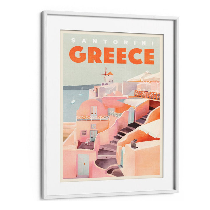Vintage GREECE SANTORINI, TRAVEL POSTERS showcasing iconic architecture and stunning coastal views in soft colors.