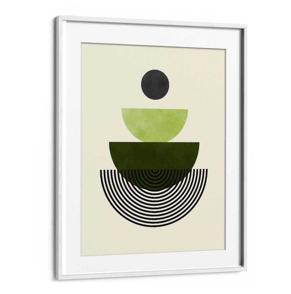 Stylish LINES AND CIRCLES V, GEOMETRIC ART PRINTS featuring stacked shapes in green and black, perfect for modern decor.