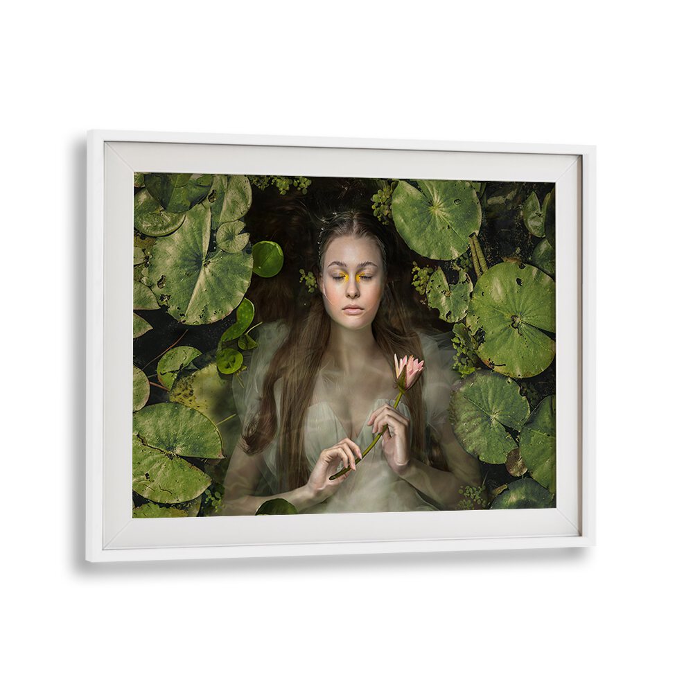 Enchanting SILENT DREAM photography prints feature a serene girl surrounded by lush water lilies, inviting imagination.