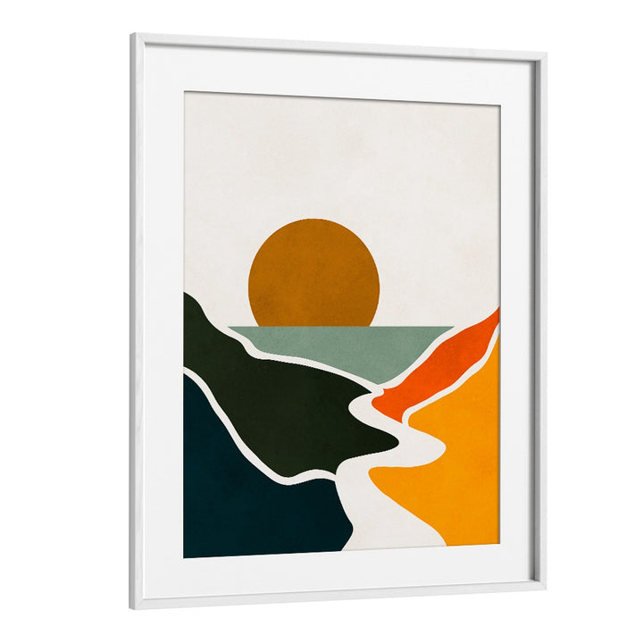 WATERCOLOR IX, LANDSCAPE PAINTINGS features a serene abstract design with vibrant colors and a calming sun.