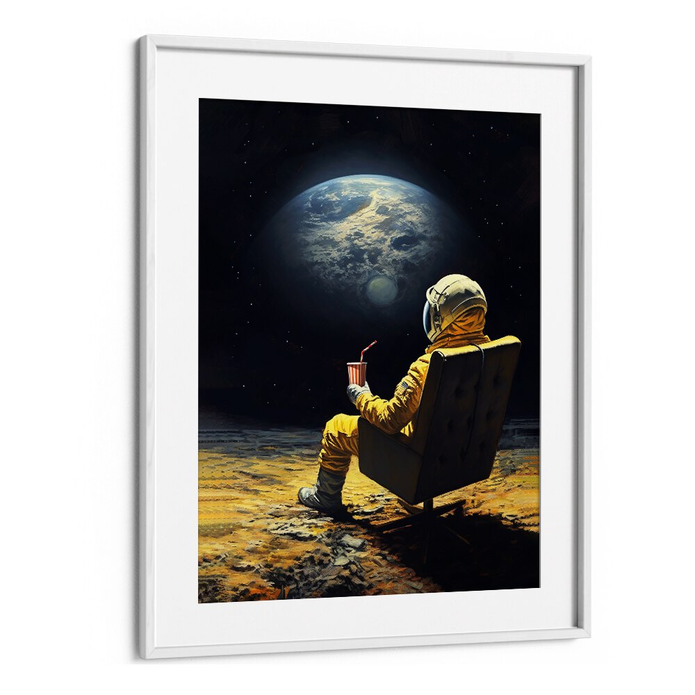 Surreal MOON BREAK, ALTERED ART PRINTS featuring an astronaut relaxing with a drink against a cosmic backdrop.