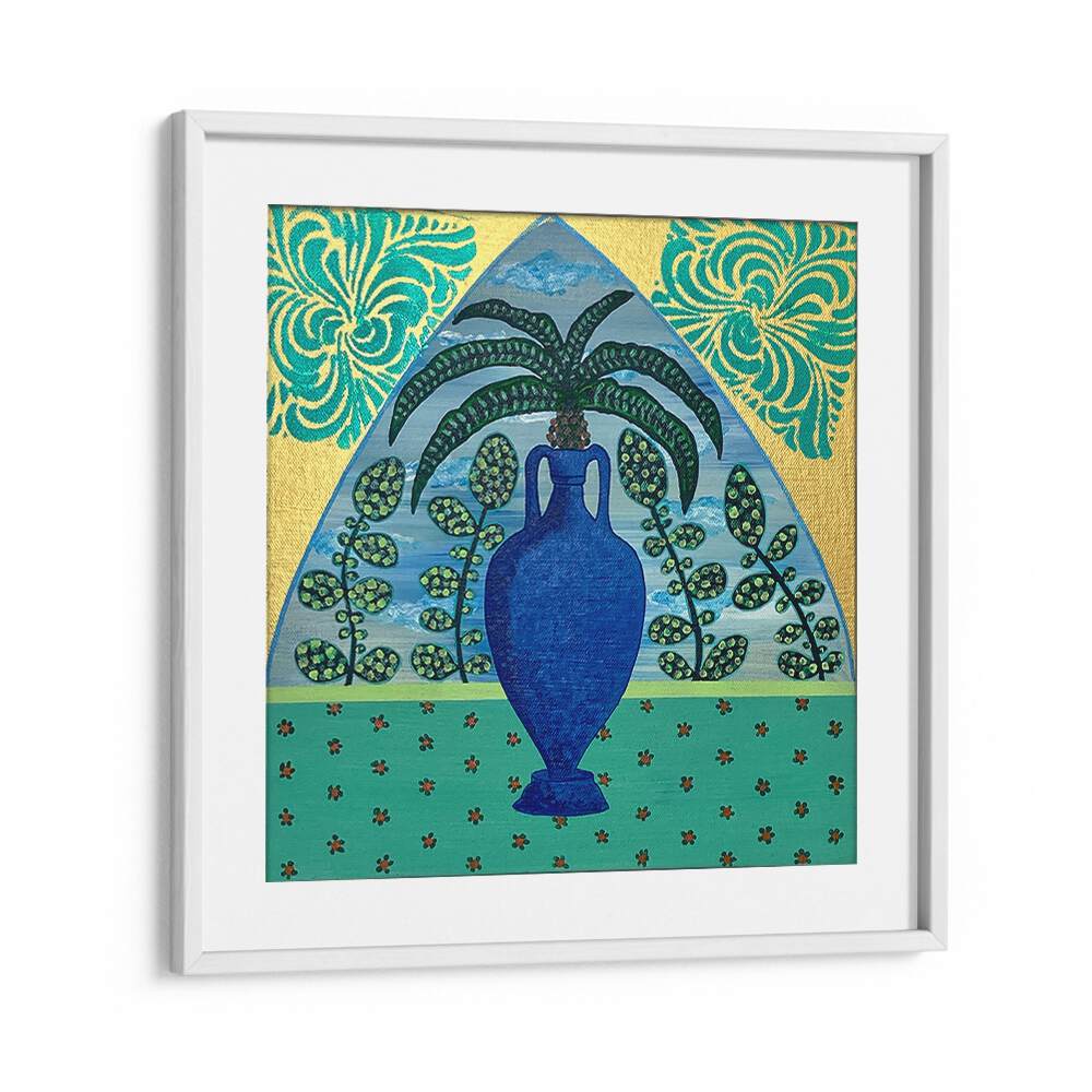 Vibrant PALM TREE, FLORAL FLOWER PAINTINGS featuring a blue vase, perfect for tropical-themed decor.