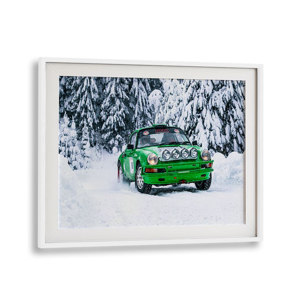 Vibrant PORSCHE 911 III, PHOTOGRAPHY PRINTS featuring a rally car racing through snowy terrain for dynamic decor.