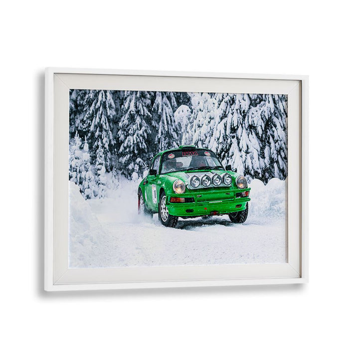 Vibrant PORSCHE 911 III, PHOTOGRAPHY PRINTS featuring a rally car racing through snowy terrain for dynamic decor.