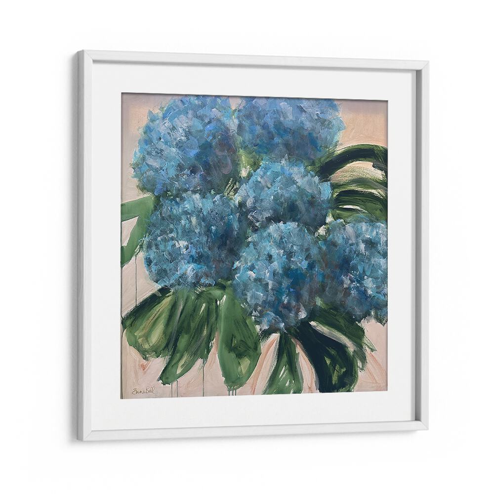 Vibrant BLUE HYDRANGEAS WITH LEAVES, FLORAL FLOWER PAINTINGS, perfect for enhancing your home decor.