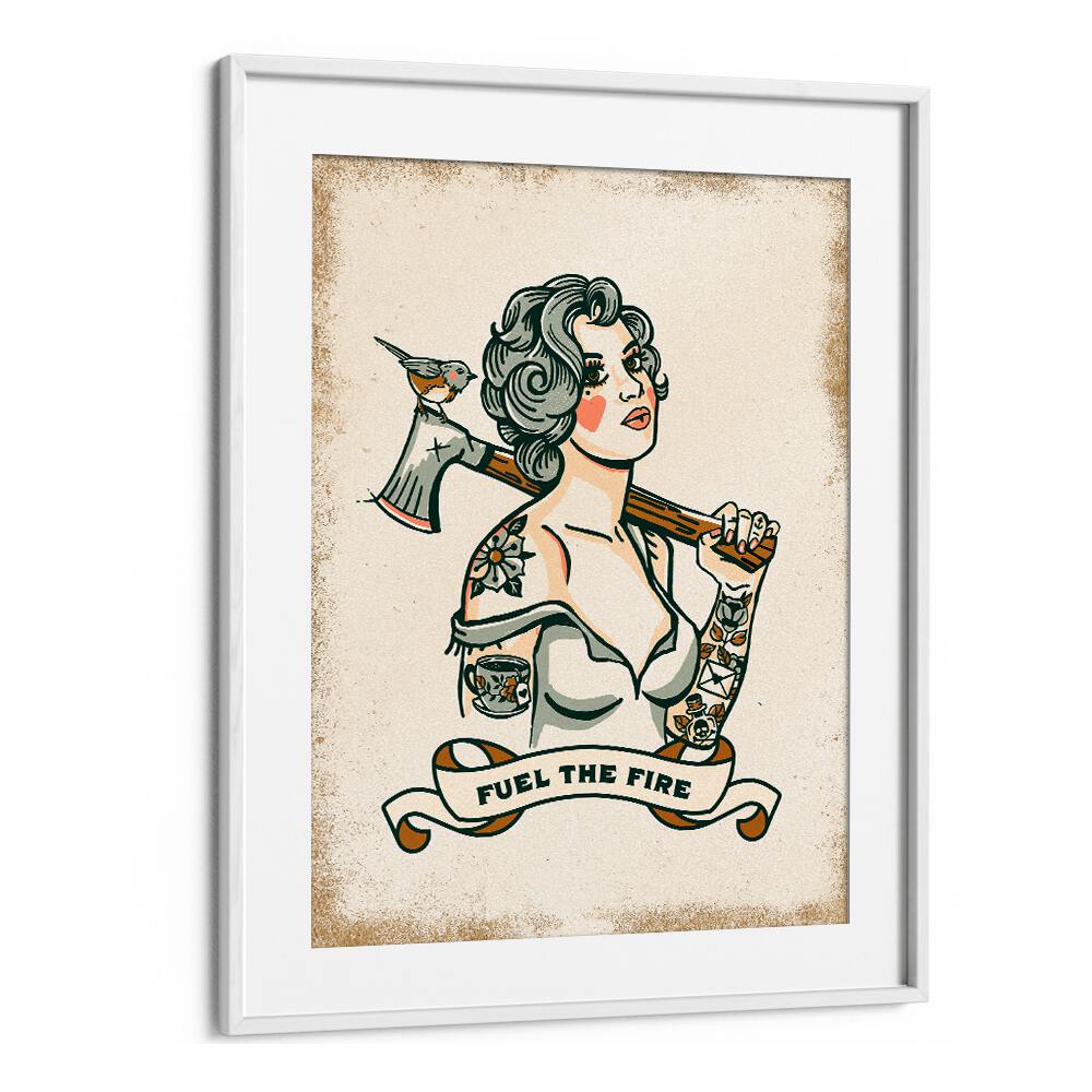 Stylish illustration featuring a woman with an axe, embodying "FUEL THE FIRE, PORTRAITS" for creative inspiration.