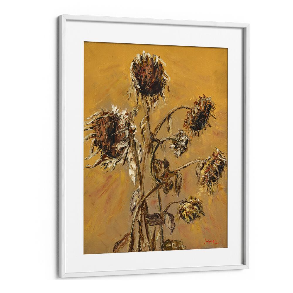 Vibrant SUNFLOWER V, FLORAL FLOWER PAINTINGS showcasing unique artistry against a golden backdrop. Perfect for any decor.