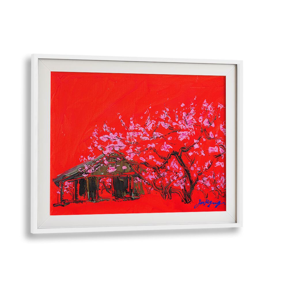 Vibrant PEACH BLOSSOM CANVAS, FLORAL FLOWER PAINTINGS showcasing pink blooms against a bold red background.