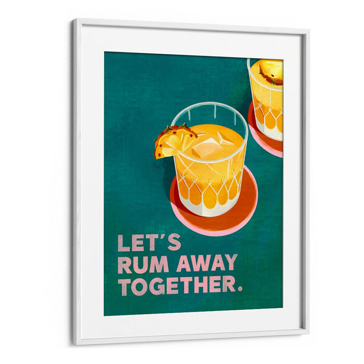 Vibrant RUM AWAY TOGETHER, BAR art featuring cocktails, perfect for enhancing your beach bar or kitchen decor.