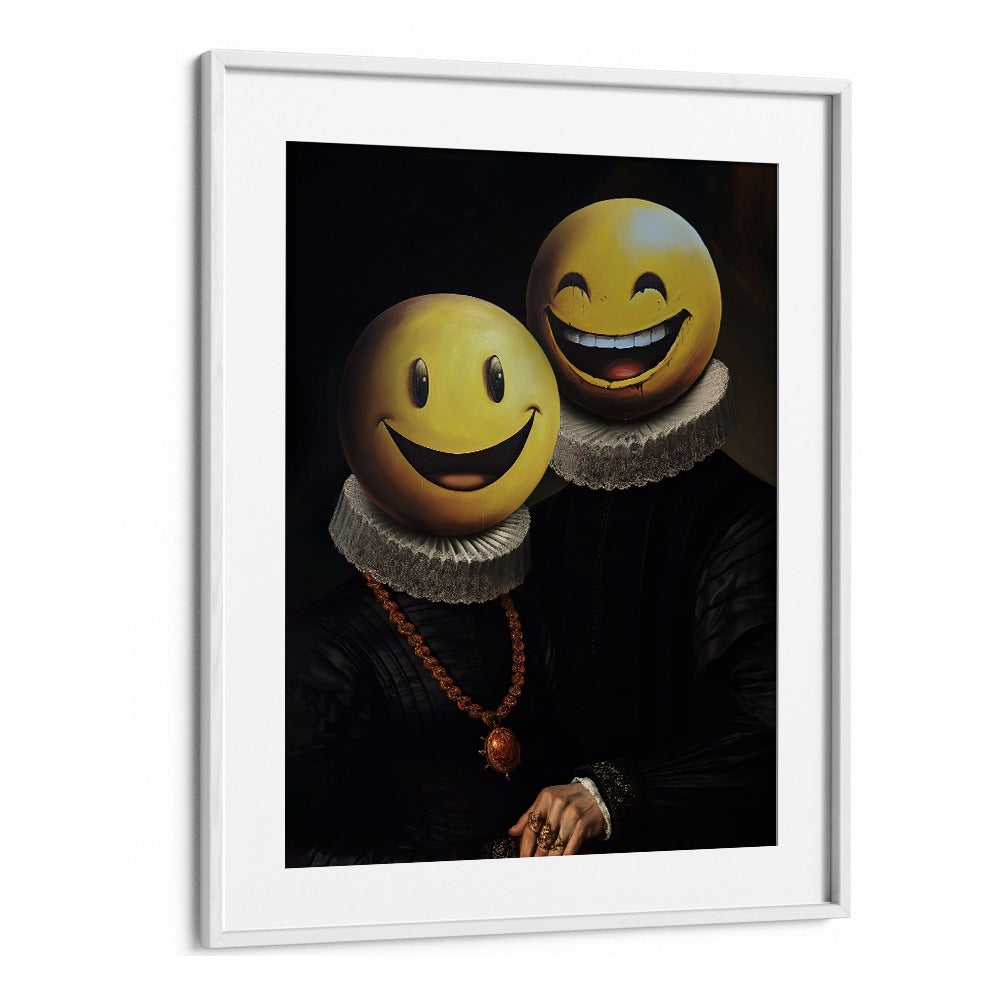 Explore THE SMILERS, ALTERED ART PRINTS by Dikhotomy, featuring playful smiley faces on elegant portraits.