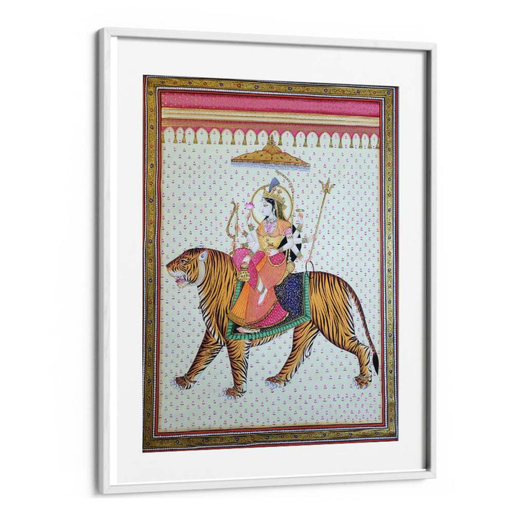 Exquisite MAA DURGA, INDIAN ART PAINTINGS showcasing Goddess Durga on a tiger, vibrant colors and intricate details.