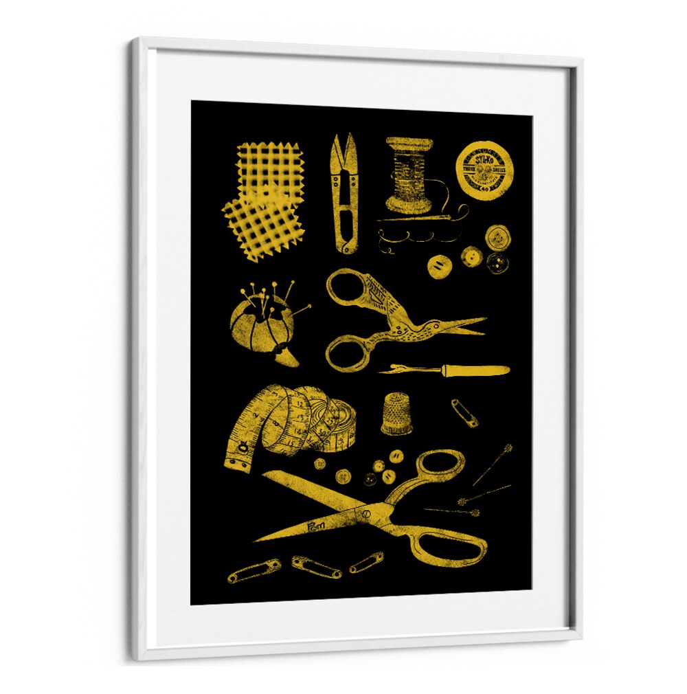 Stylish HABERDASHERY BLACK AND GOLD, FASHION POSTERS featuring sewing tools on a sleek black background.