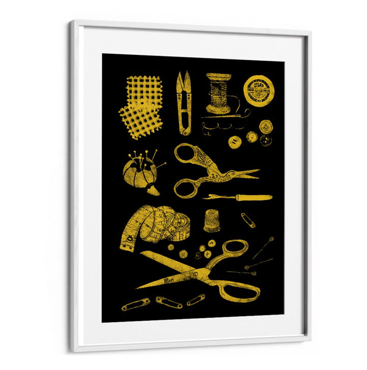 Stylish HABERDASHERY BLACK AND GOLD, FASHION POSTERS featuring sewing tools on a sleek black background.