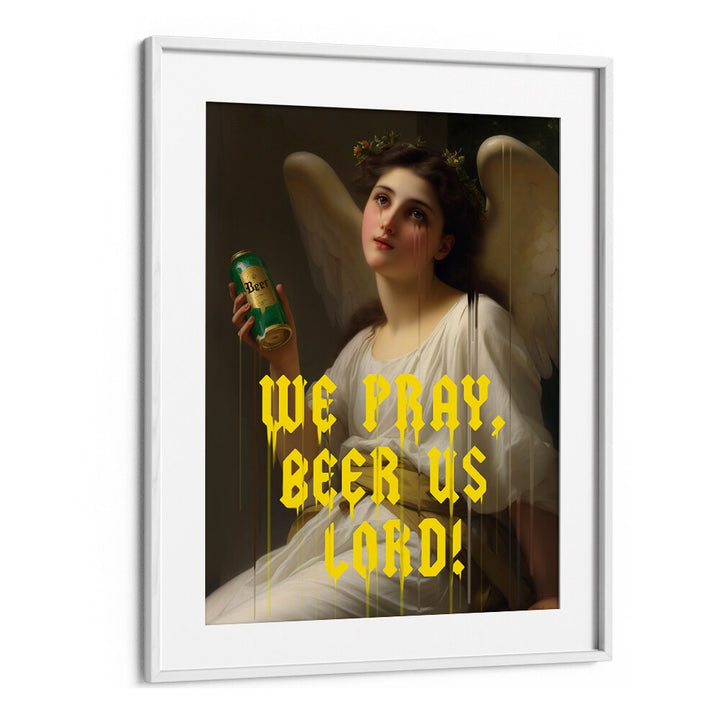 Celebrate humor and faith with the "WE PRAY BEER US LORD, ALTERED ART PRINTS" by Dikhotomy, blending art and beer culture.
