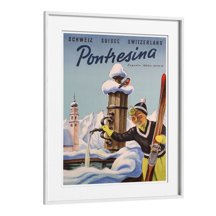 Charming PONTRESINA, VINTAGE TRAVEL POSTERS featuring a skier in a snowy landscape, perfect for your decor.