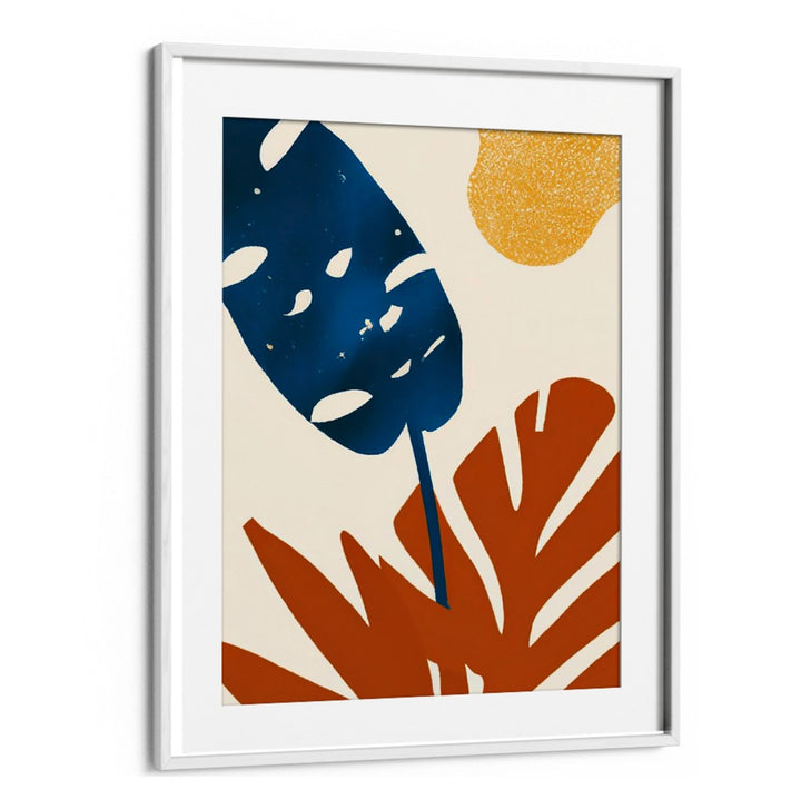 PRIMARY PALMS, FLORAL FLOWER PAINTINGS with bold blue and rust leaves and golden sun by Whitemount decor.