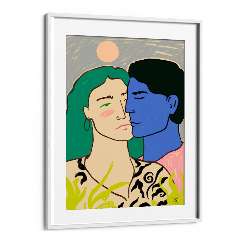 Vibrant art print "LOVERS UNDER THE MOON" showcases a couple radiating love under a moonlit sky. Perfect for any space.