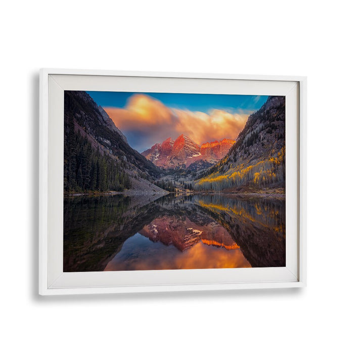 Breathtaking view of Maroon Lake at sunrise, perfect for serene decor—A PERFECT MORNING IN MAROON LAKE, PHOTOGRAPHY PRINTS.