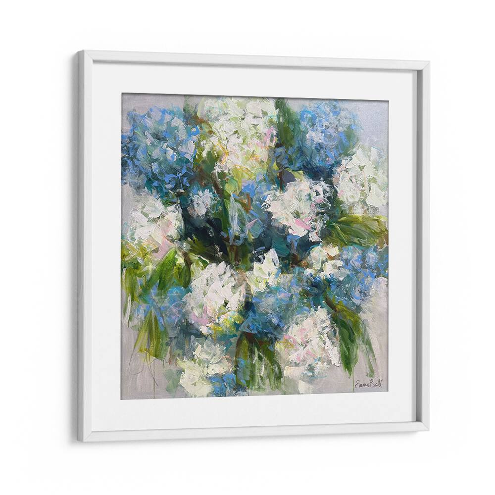 Stunning DELICATE BLOOMS, FLORAL FLOWER PAINTINGS showcasing vibrant blue and white flowers in an elegant frame.