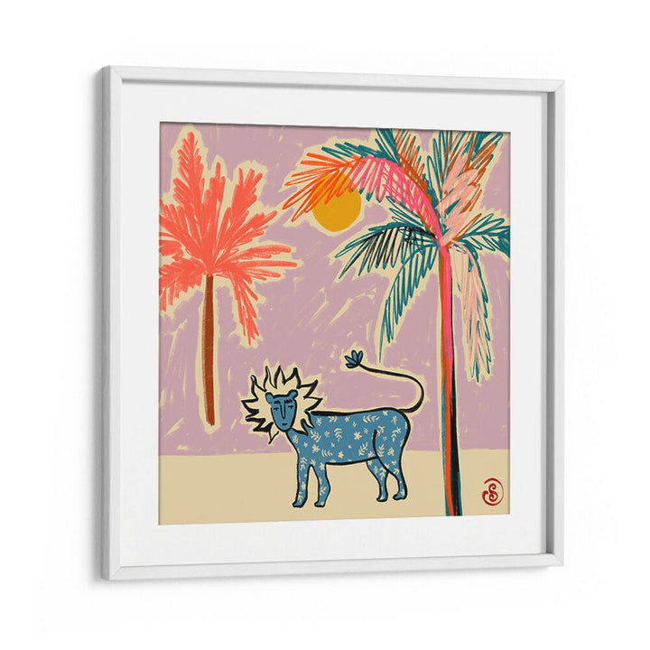 Colorful LEO III, ZODIAC artwork featuring a lion, palm trees, and vibrant sunset, perfect for astrological decor.