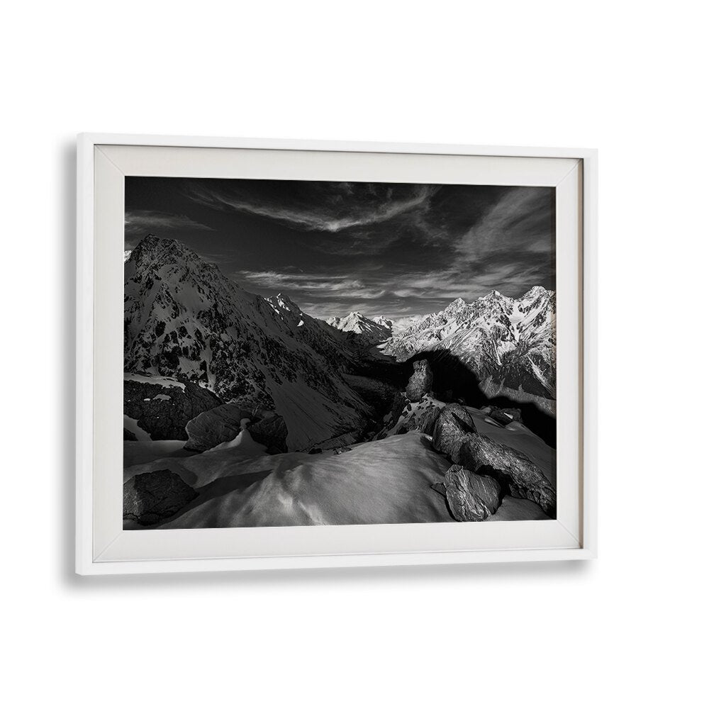 Stunning SPECTRUM OF LIGHT, PHOTOGRAPHY PRINTS showcasing majestic mountains and serene landscapes in black and white.