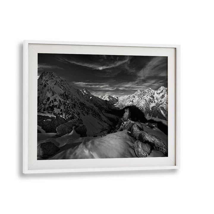 Stunning SPECTRUM OF LIGHT, PHOTOGRAPHY PRINTS showcasing majestic mountains and serene landscapes in black and white.