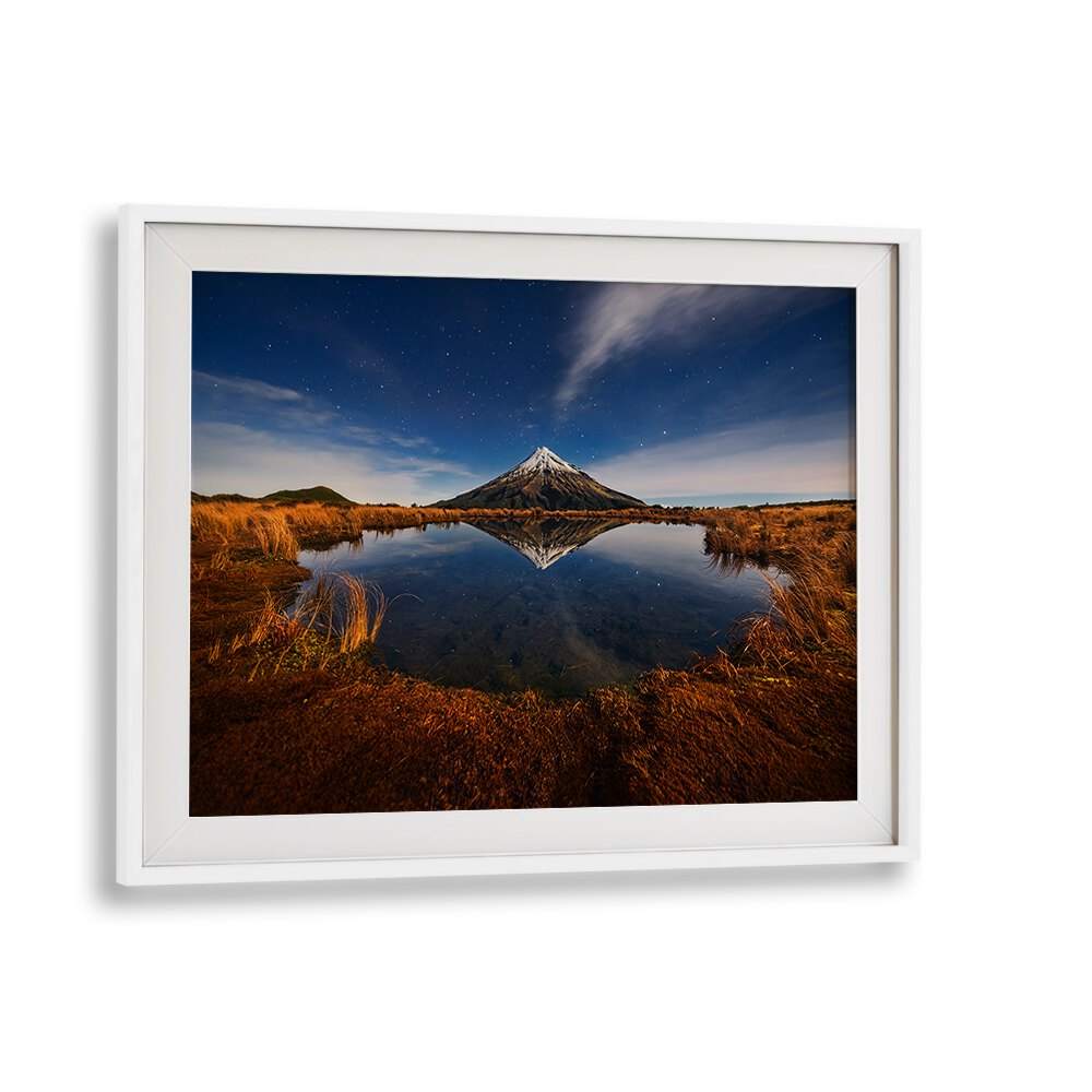 Stunning reflection of Mount Taranaki in a serene landscape, perfect for MOUNT TARANAKI, PHOTOGRAPHY PRINTS lovers.