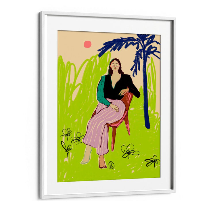 Vibrant art print featuring a relaxed woman, perfect for adding color and positivity to your space.