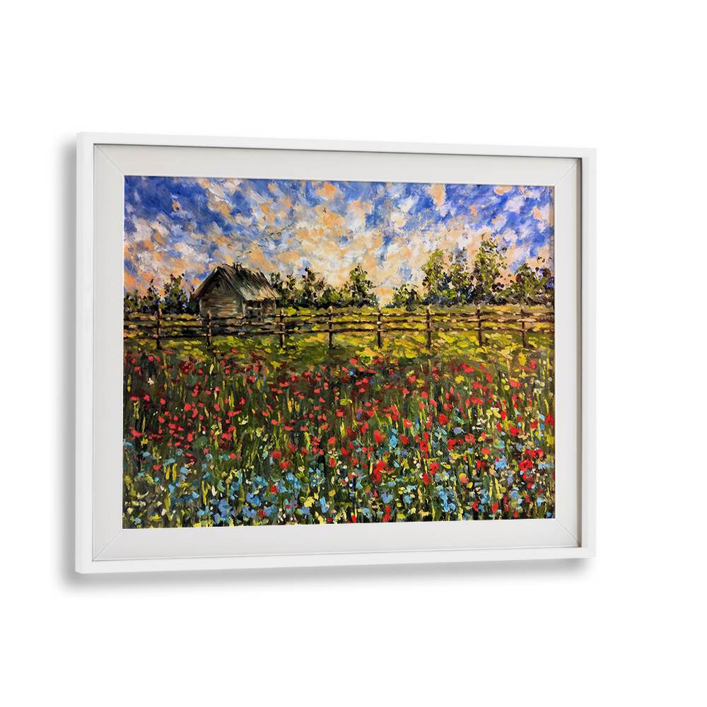 Vibrant COUNTRYSIDE, LANDSCAPE PAINTINGS showcasing a colorful meadow and charming farmhouse, perfect for home decor.