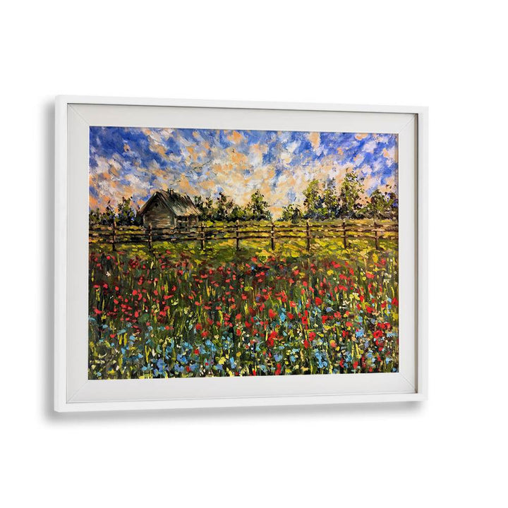 Vibrant COUNTRYSIDE, LANDSCAPE PAINTINGS showcasing a colorful meadow and charming farmhouse, perfect for home decor.