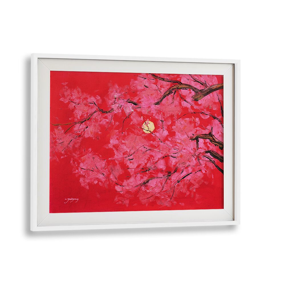 Vibrant REDMOON, FLORAL FLOWER PAINTINGS featuring pink blossoms against a rich red background in a sleek frame.