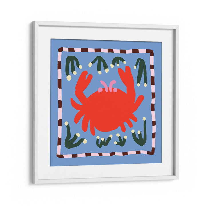 Bright red crab illustration on a blue background, perfect for enhancing your kitchen decor with CRAB, KITCHEN POSTERS.