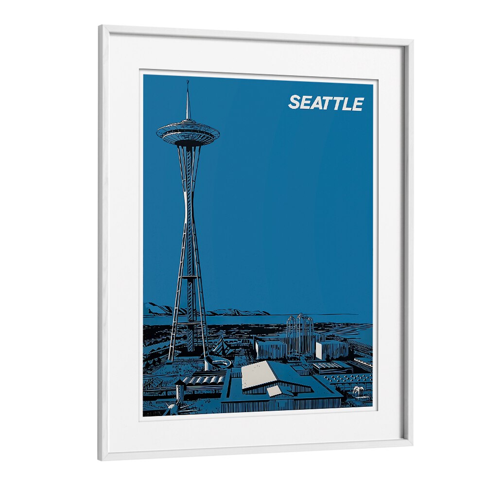 Seattle Vintage Travel Posters showcase the iconic Space Needle against a vibrant blue backdrop, perfect for decor.