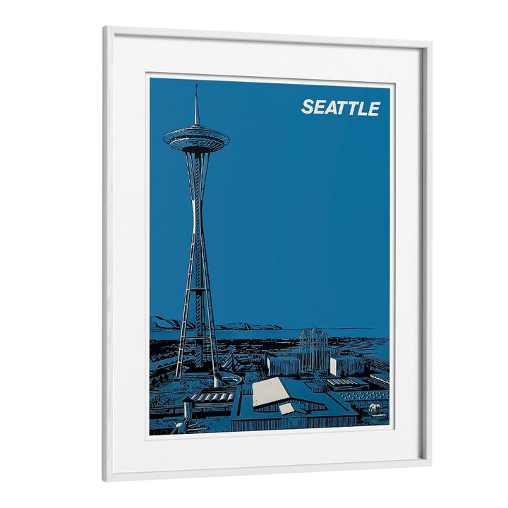 Seattle Vintage Travel Posters showcase the iconic Space Needle against a vibrant blue backdrop, perfect for decor.