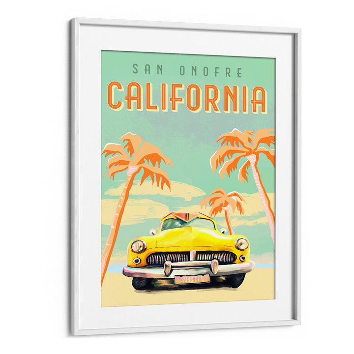 Vibrant California Surf travel poster featuring a classic car and palm trees, perfect for beach lovers' decor.