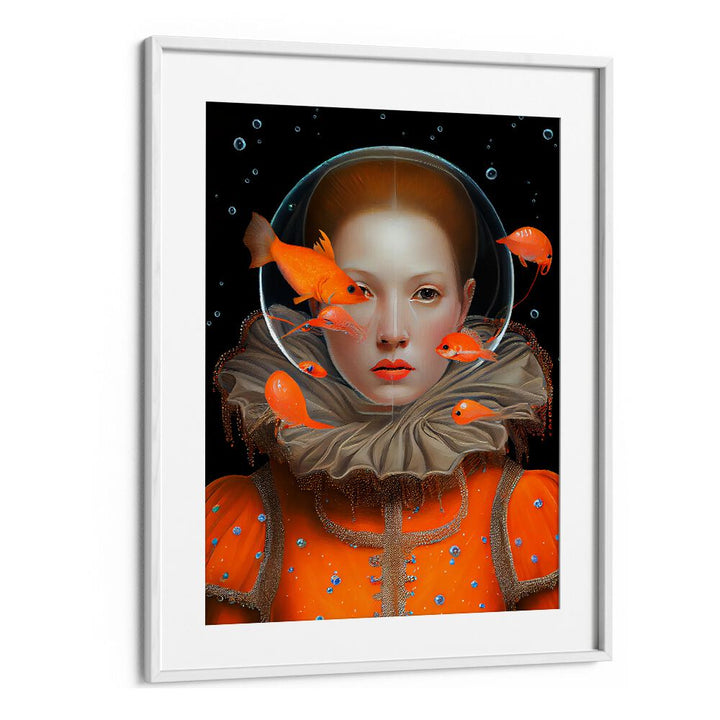 "The Princess of Deep Sea, altered art prints by Dikhotomy, features a captivating underwater scene with vibrant goldfish."