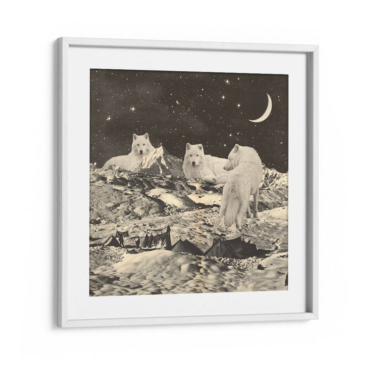 Surreal art print featuring majestic giant white wolves in a dreamlike landscape, perfect for your decor.