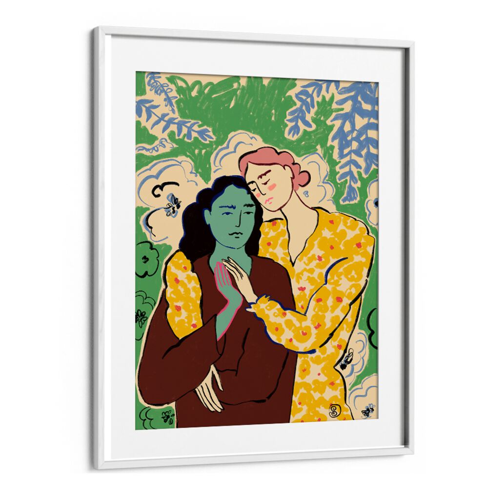 Vibrant art print showcasing two figures holding hands, embodying connection and emotion in a colorful design.