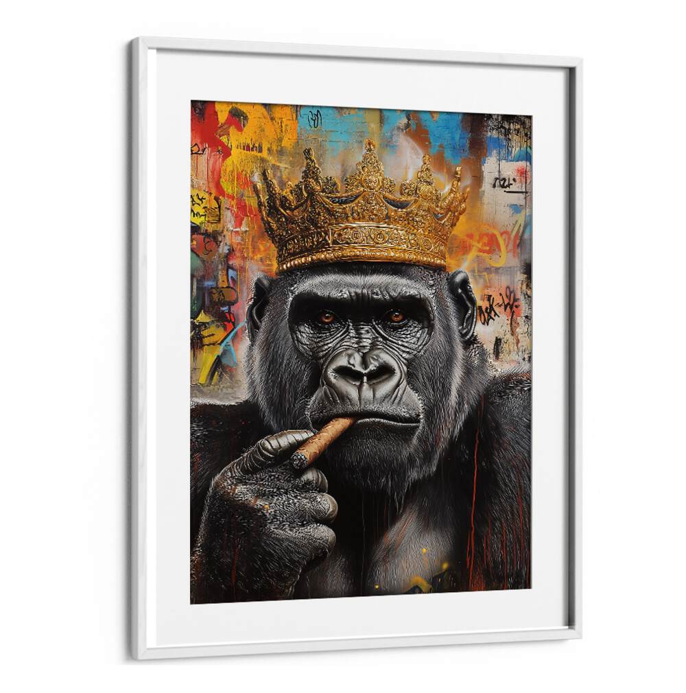 Majestic gorilla with a crown, featured in THE GORILLA KING, ALTERED ART PRINTS for a bold home decor statement.