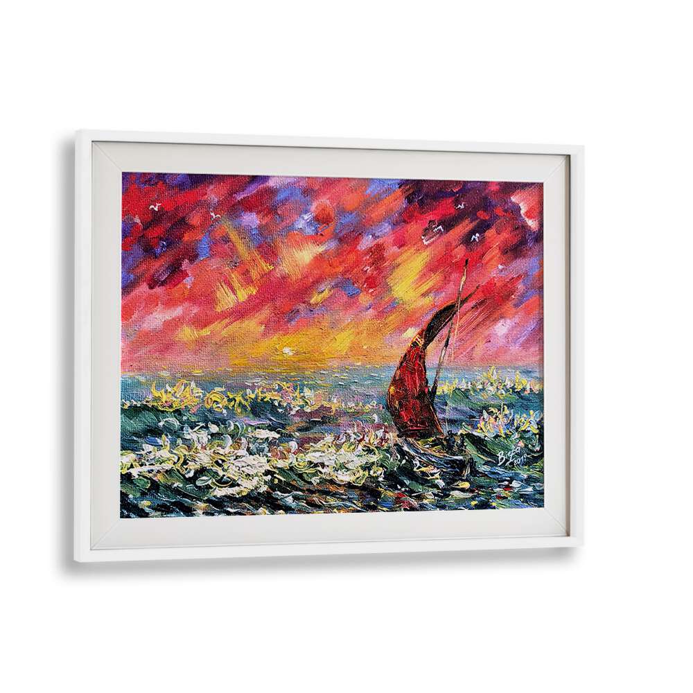 Breathtaking RED SKY BOAT, LANDSCAPE PAINTINGS capture a serene red sky and tranquil waters for your living space.