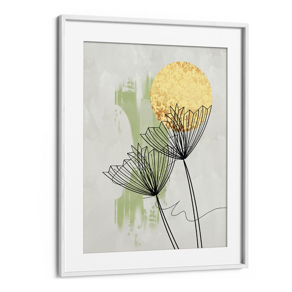 Stunning ABSTRACT BOTANICAL, FLORAL FLOWER PAINTINGS featuring delicate blooms and a golden sun, perfect for any space.