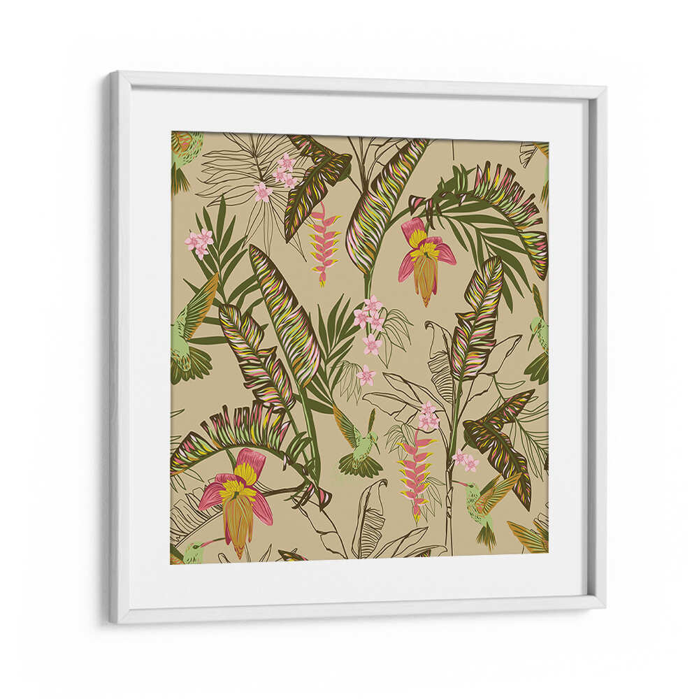 BANANA LEAVES AND HUMMINGBIRDS SAND , FLORAL FLOWER PAINTINGS