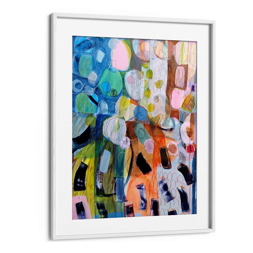 Colorful abstract painting "ELEMENTS ORGANISEES V" showcases vibrant earth tones, perfect for enhancing any space.