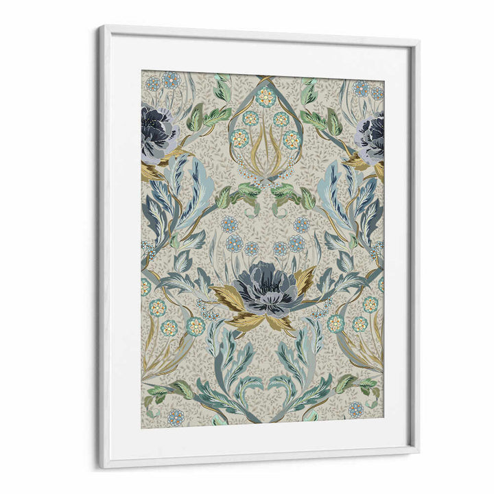 Transform your space with HAZY BLUE TINTED PATTERN, PATTERN ART PRINTS featuring intricate floral designs.