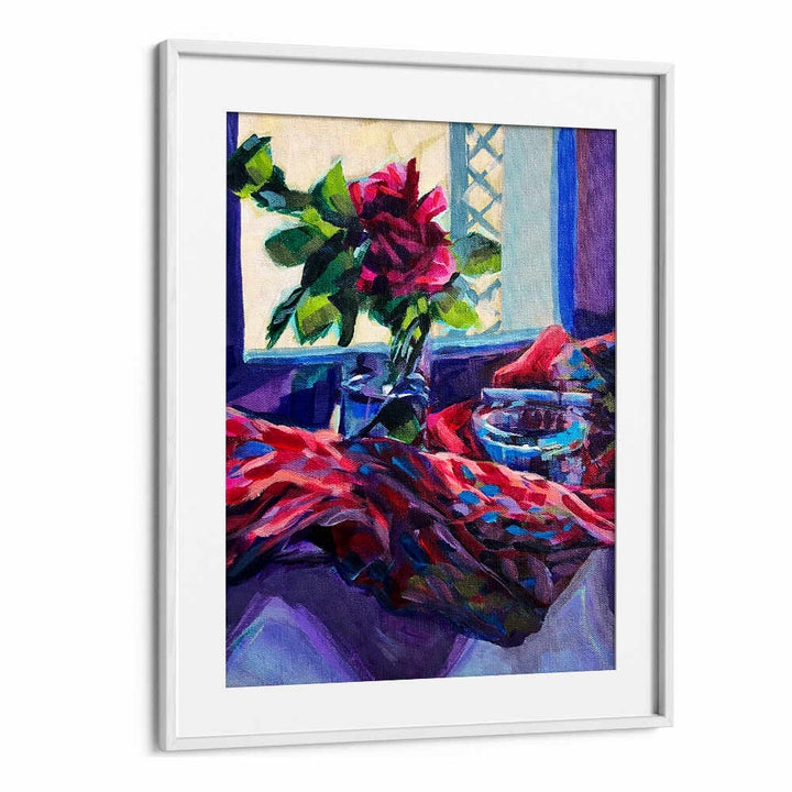 ROSE FRANÇAISE , FLORAL FLOWER PAINTINGS by WhiteMount: vibrant rose in glass vase on colorful draped fabric beside a window