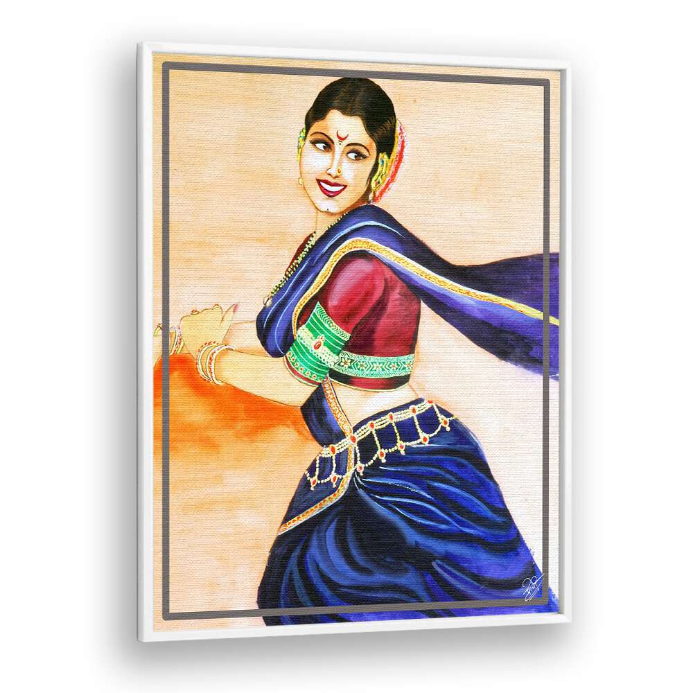 Smiling woman radiates joy in RHYTHM OF BEAUTY, INDIAN ART PAINTINGS, blending traditional and modern styles.