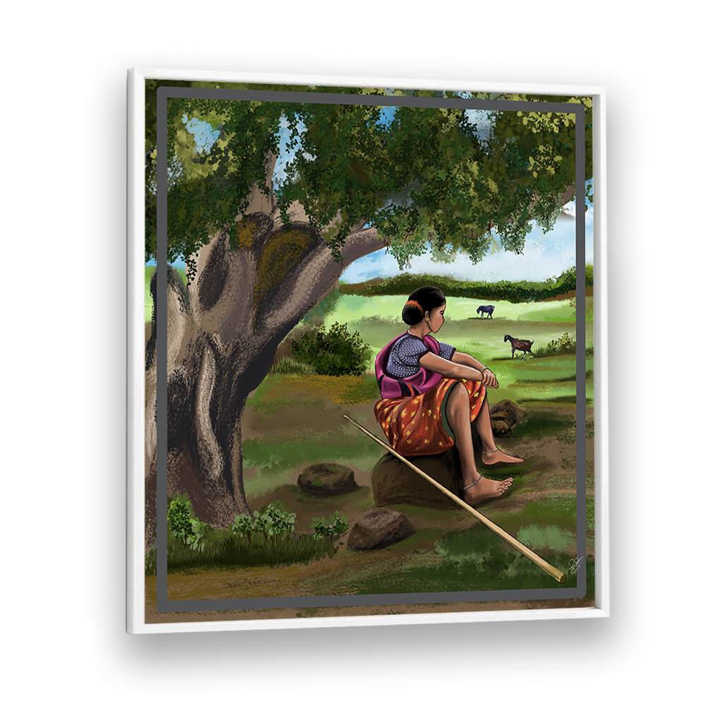 Serene woman under a tree in WHISPER OF THE MEADOWS, INDIAN ART PAINTINGS, reflecting on her life journey.
