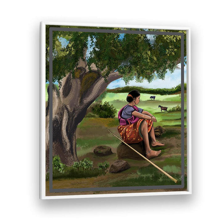 Serene woman under a tree in WHISPER OF THE MEADOWS, INDIAN ART PAINTINGS, reflecting on her life journey.