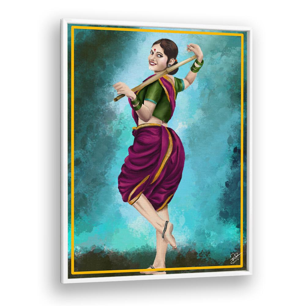 Elegant dancer in vibrant attire, embodying "GRACE IN MOTION , INDIAN ART PAINTINGS" with joy and fluid movement.