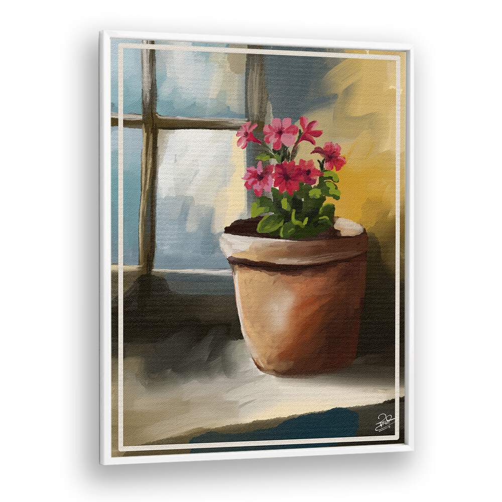Blooming flowers in a pot by the window, a serene touch in BLOOM BY THE WINDOW, INDIAN ART PAINTINGS collection.